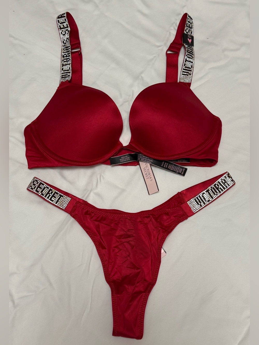 Victoria's Secret Red Crystal-Trim Push-Up Bra & Thong Set